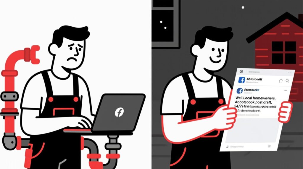 Side-by-side comparison of a plumber getting a vague, generic AI result versus a useful, detailed one after giving better instructions.