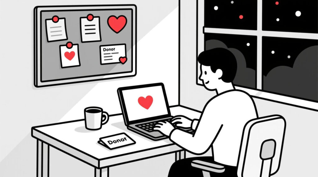 Canadian AI Guy illustration of a nonprofit leader writing a personalized donor thank-you letter at their desk, symbolizing AI-powered stewardship.