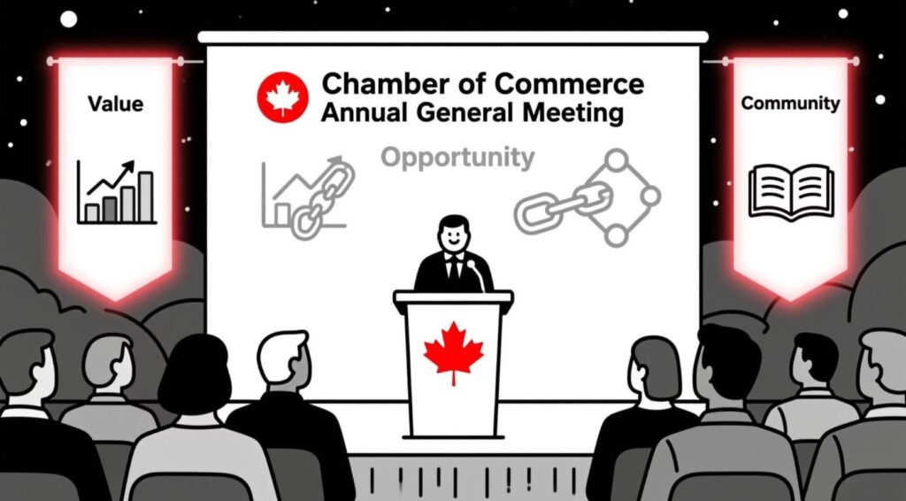 Chamber of Commerce Annual General Meeting with podium featuring a maple leaf, diverse professionals networking in a vibrant hall, and banners highlighting value, opportunity, and community.