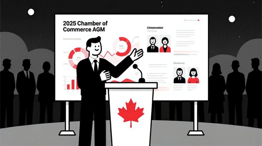 Impact report on podium with maple leaf emblem, filled with infographics and member photos, surrounded by proud Chamber members and AI-inspired design accents.