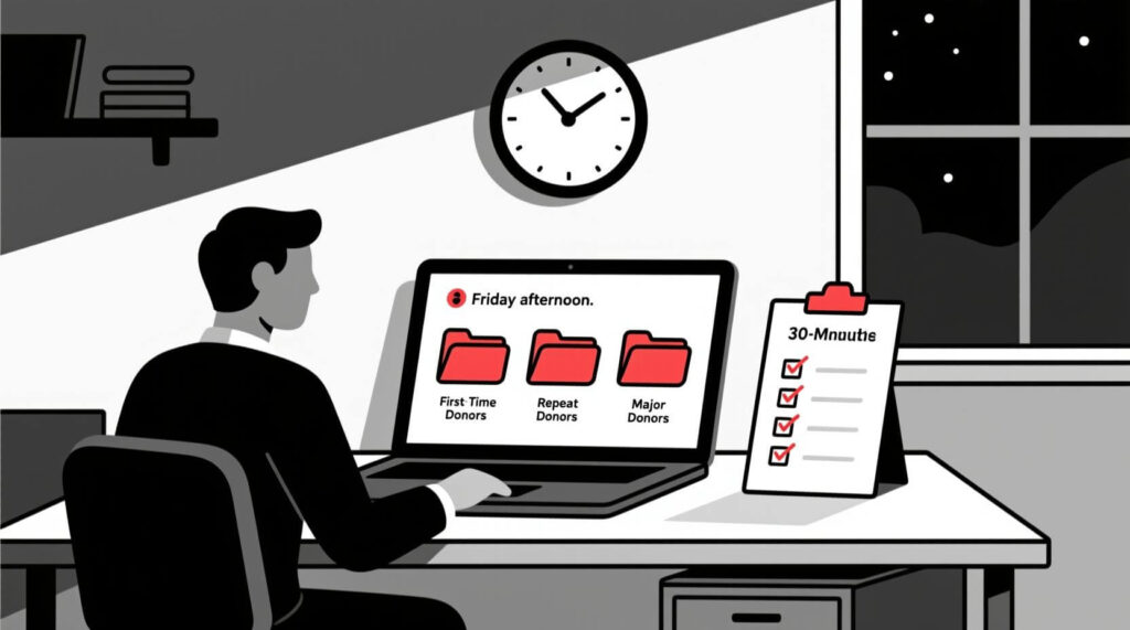 Nonprofit professional at a desk reviewing donor lists on a laptop, with folders for first-time, repeat, and major donors, and a checklist of steps in a weekly stewardship ritual.