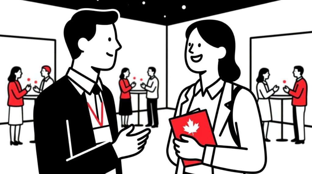 illustration of an event attendee using a personalized AI-generated agenda to connect with new people.”