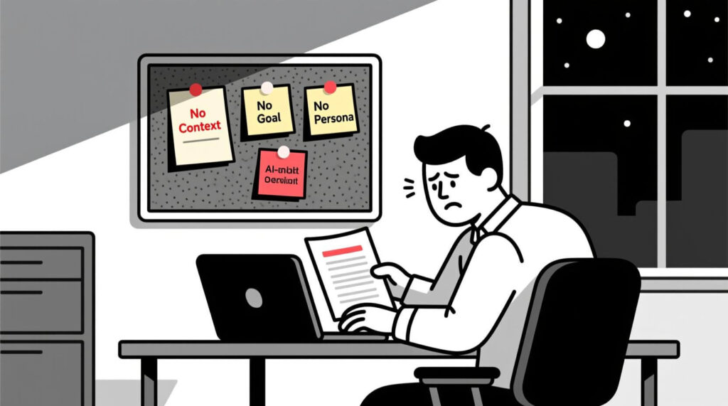 Small business owner frustrated at bland AI output, with three sticky notes behind them labeled No Context, No Goal, and No Persona.