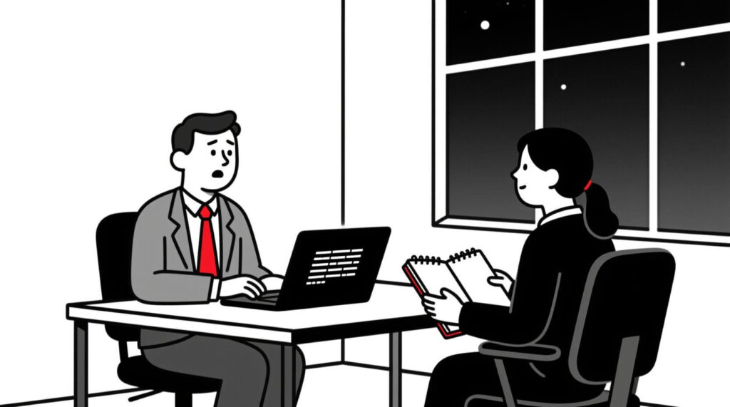 Small business owner giving vague instructions to an eager but clueless new employee, illustrating how AI needs context to give useful results.