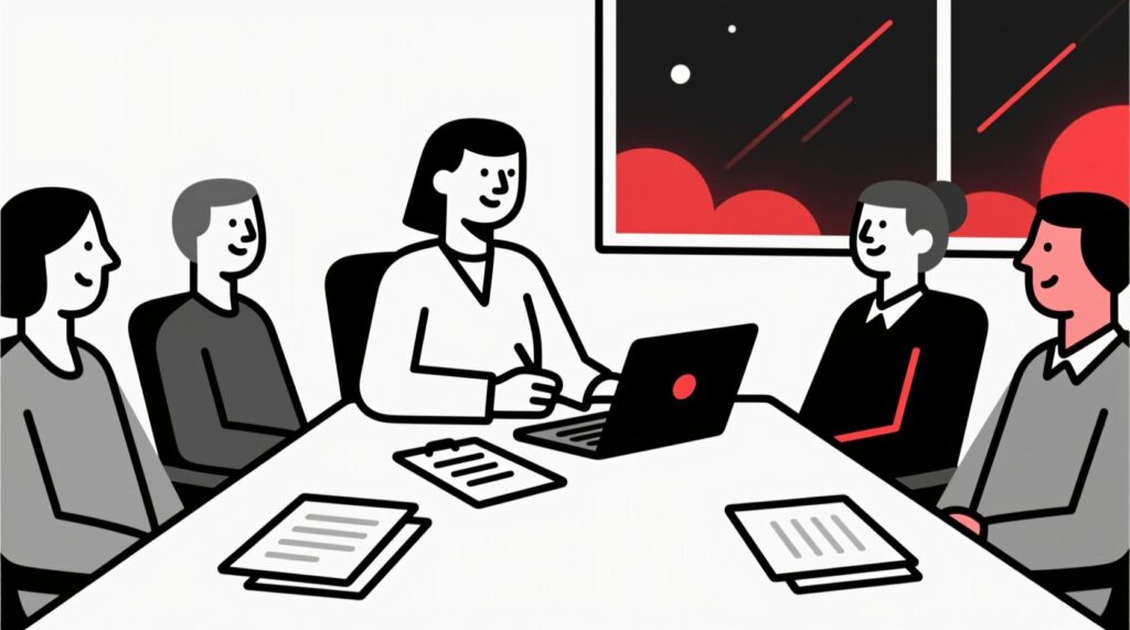 Canadian AI Guy illustration of a confident nonprofit executive at a board meeting, prepared with AI-assisted notes and answers to board questions.