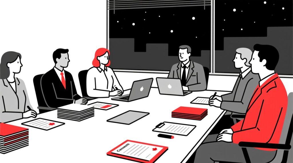 Canadian AI Guy illustration of a non-profit executive preparing for a board meeting with agendas, reports, and minutes neatly organized.