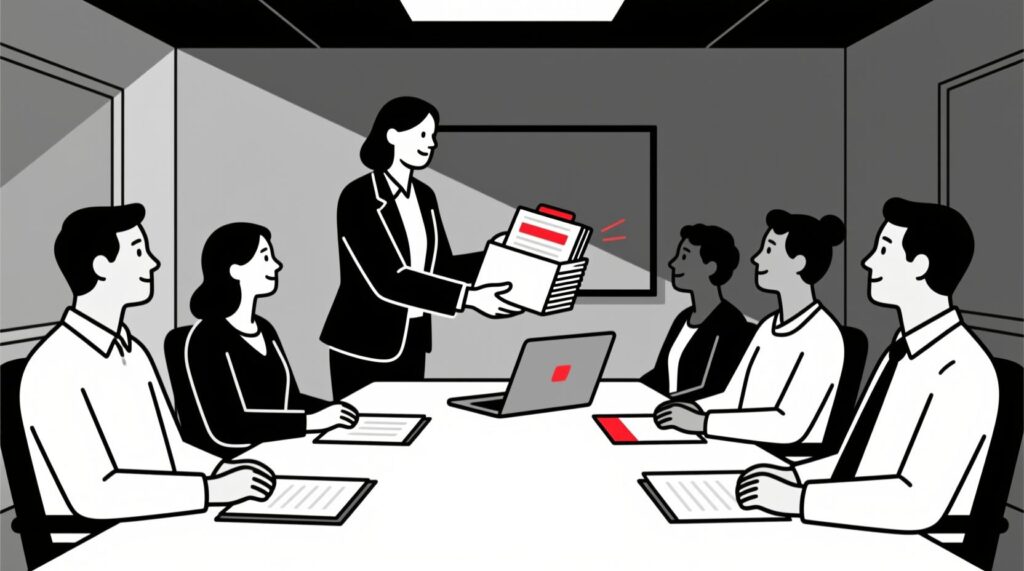Canadian AI Guy illustration of an executive presenting a focused board package—agenda, leadership report, and minutes—to engaged board members.