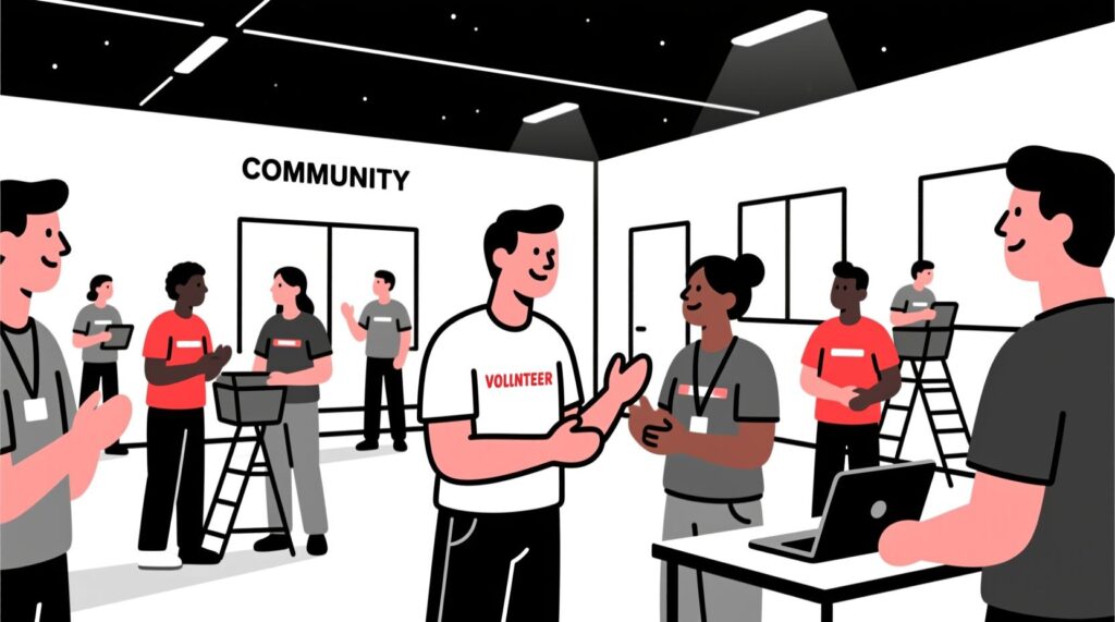 Canadian AI Guy illustration of a volunteer manager building community connections with AI handling the admin tasks in the background.