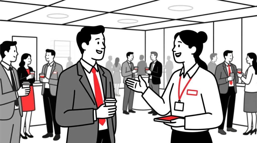 Canadian AI Guy illustration of an event coordinator introducing two professionals at a networking event, symbolizing an AI-powered event networking strategy.