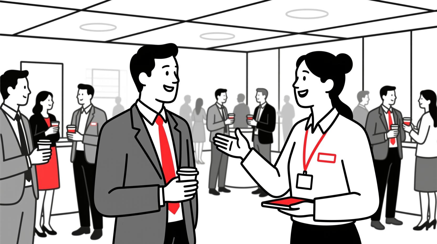 Canadian AI Guy illustration of an event coordinator introducing two professionals at a networking event, symbolizing an AI-powered event networking strategy.