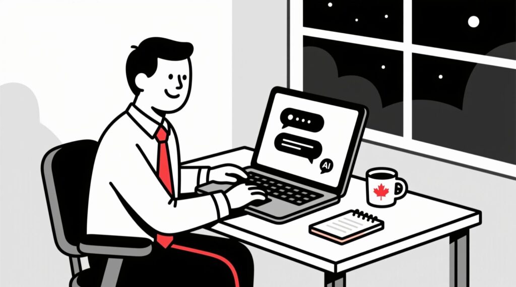 Canadian AI Guy illustration of an Executive Director at a desk with a laptop open to an AI chat, coffee mug and notepad nearby, representing how simple it is to get started.
