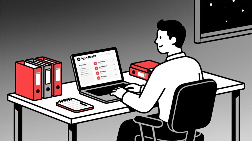Canadian AI Guy illustration of a non-profit leader at a desk with an AI-powered meeting command centre.
