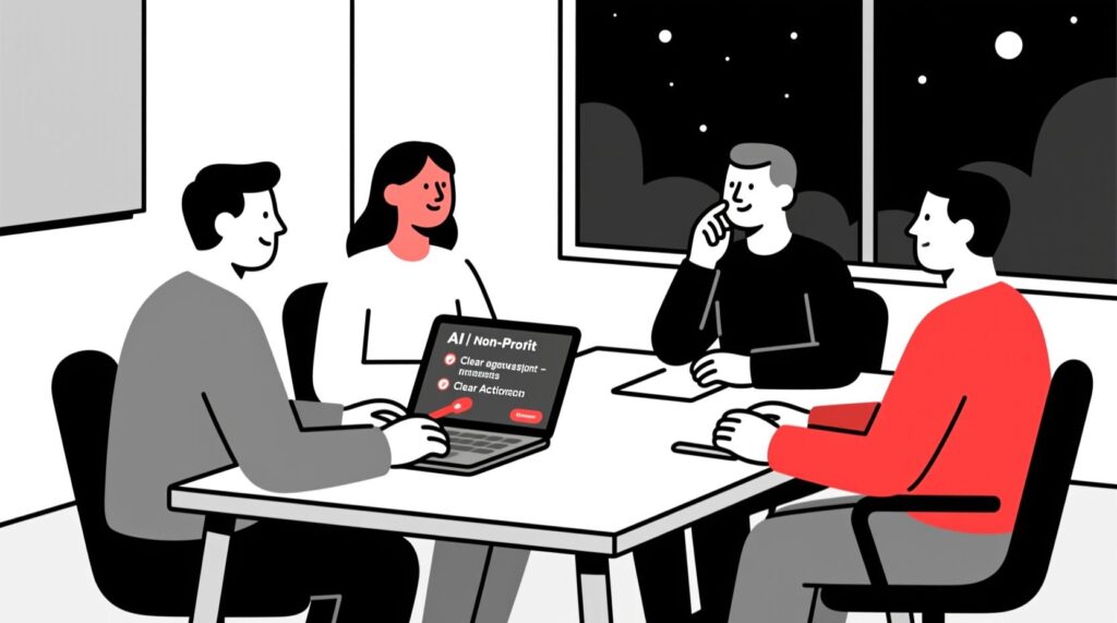 Canadian AI Guy illustration of a non-profit team gaining clarity from AI-generated meeting transcripts and action items.