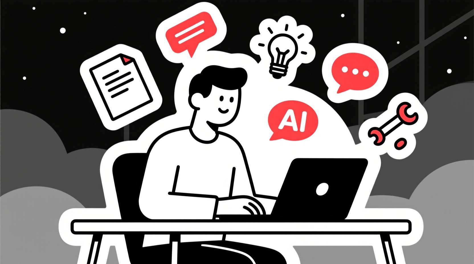 Flat line illustration of a person using AI tools with floating icons of documents and ideas, representing a member spotlight toolkit.