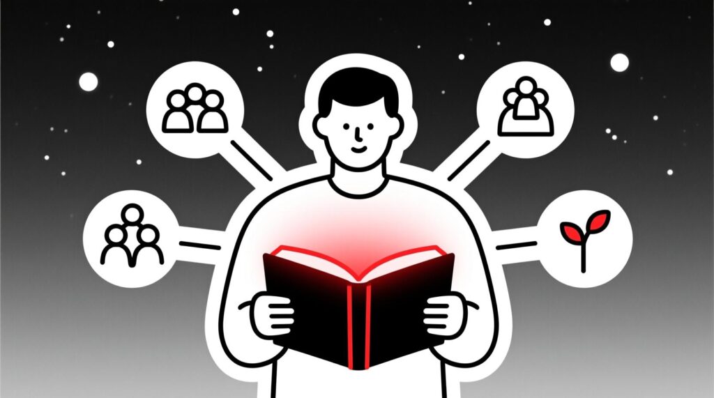 Flat line illustration of a glowing book symbolizing a member’s story becoming a legacy.