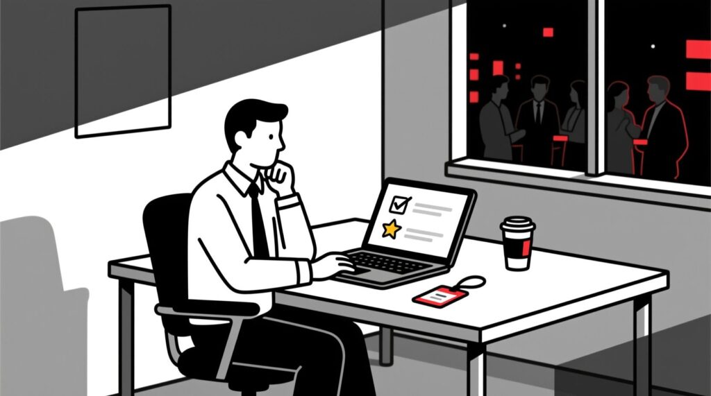  illustration of a professional completing a post-event survey on a laptop with checkmarks and stars visible on the screen.