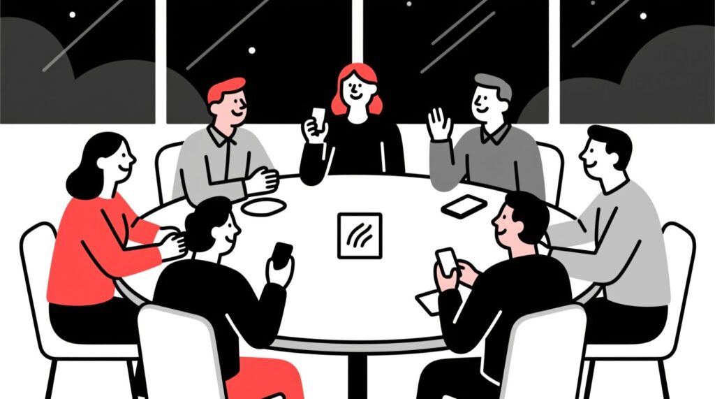  illustration of business owners at a luncheon table engaging in lively conversation sparked by a table prompt card.