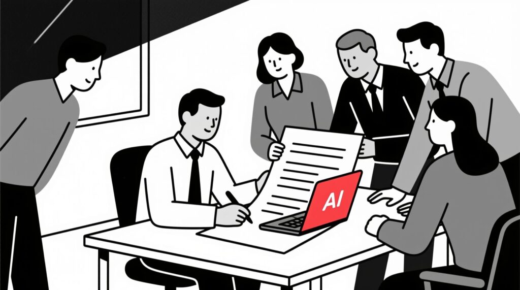 Canadian AI Guy illustration of a nonprofit leader using AI to craft a strategic narrative with board and team alignment.