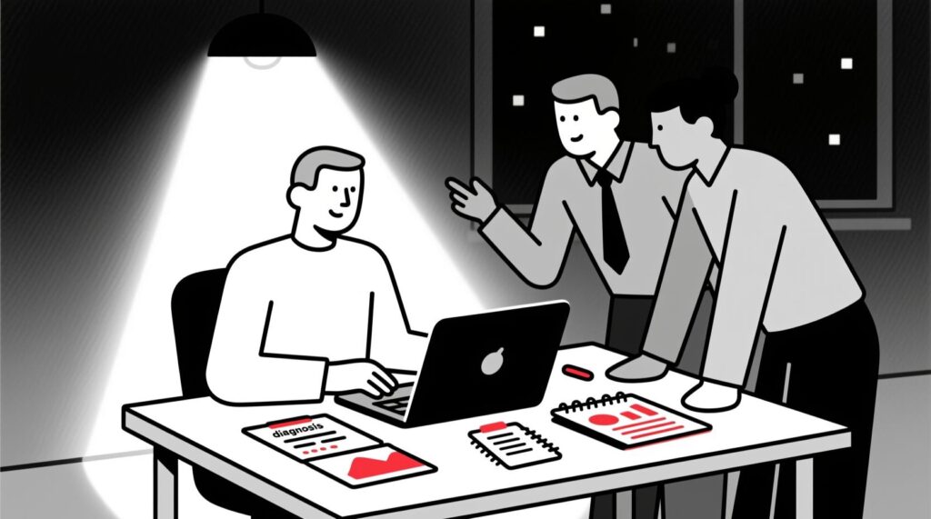 Canadian AI Guy illustration of a nonprofit leader and team using AI to analyze data and prepare for strategic planning.
