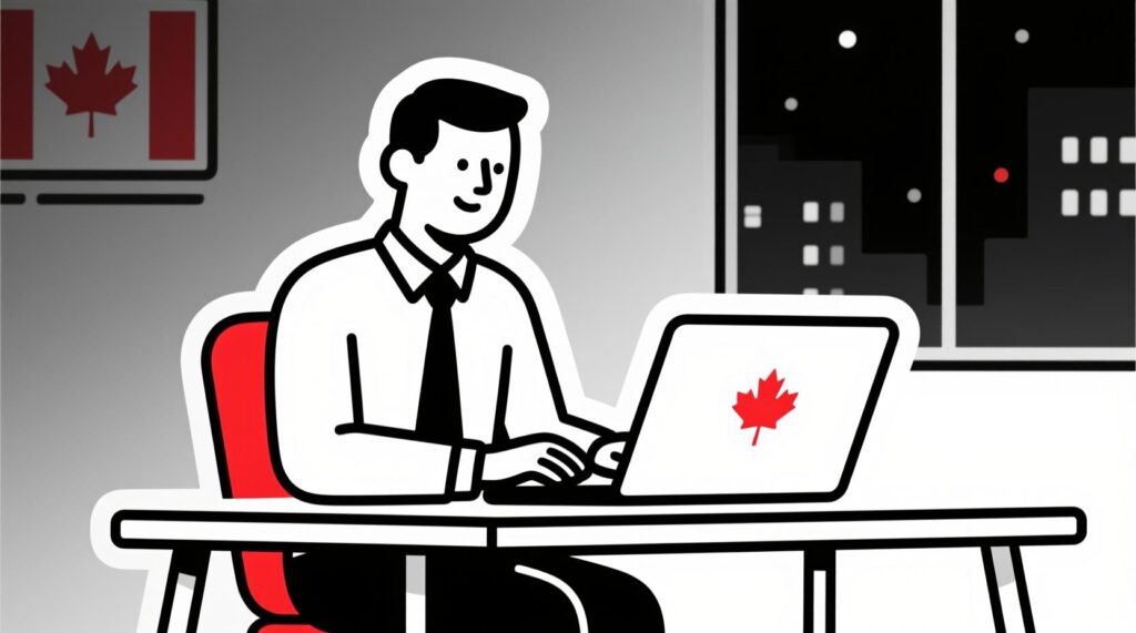 Canadian AI Guy illustration of a non-profit leader following a 4-step AI-powered policy drafting workflow, from defining must-haves to team approval.