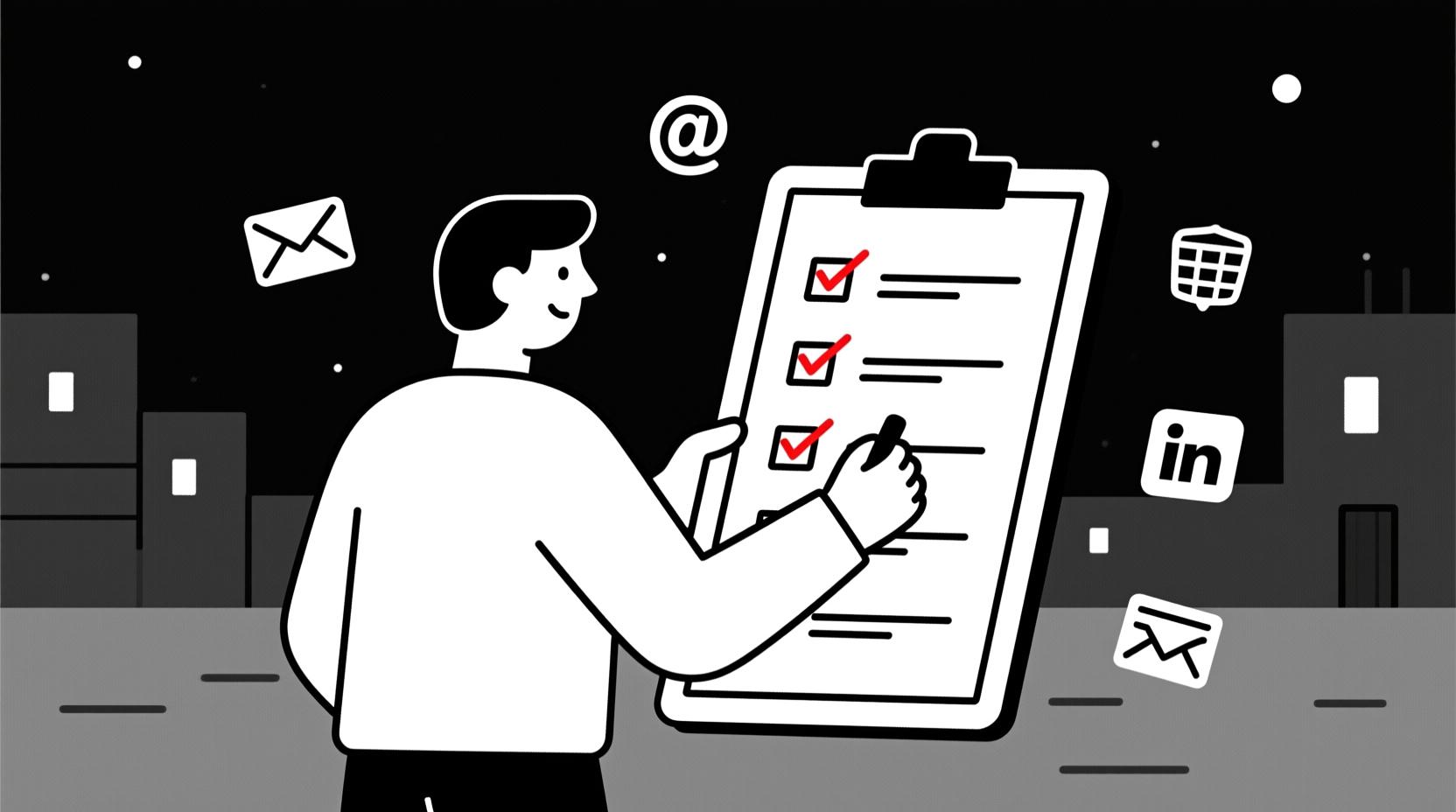 Flat line illustration of a person completing a checklist with icons for email, website, and LinkedIn, representing a 3-minute pre-flight checklist for member spotlights.