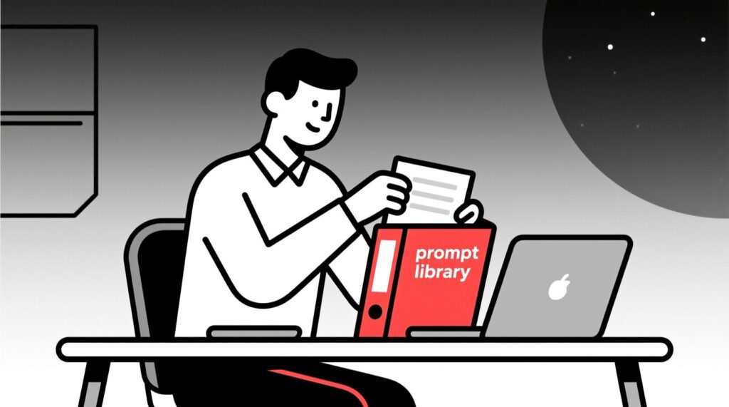Canadian AI Guy illustration of a nonprofit leader organizing a reusable AI prompt library for board meeting preparation.