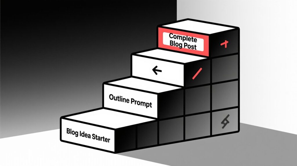Illustration of prompt stacking: using the output of one AI prompt as the input for the next to build a complete project.