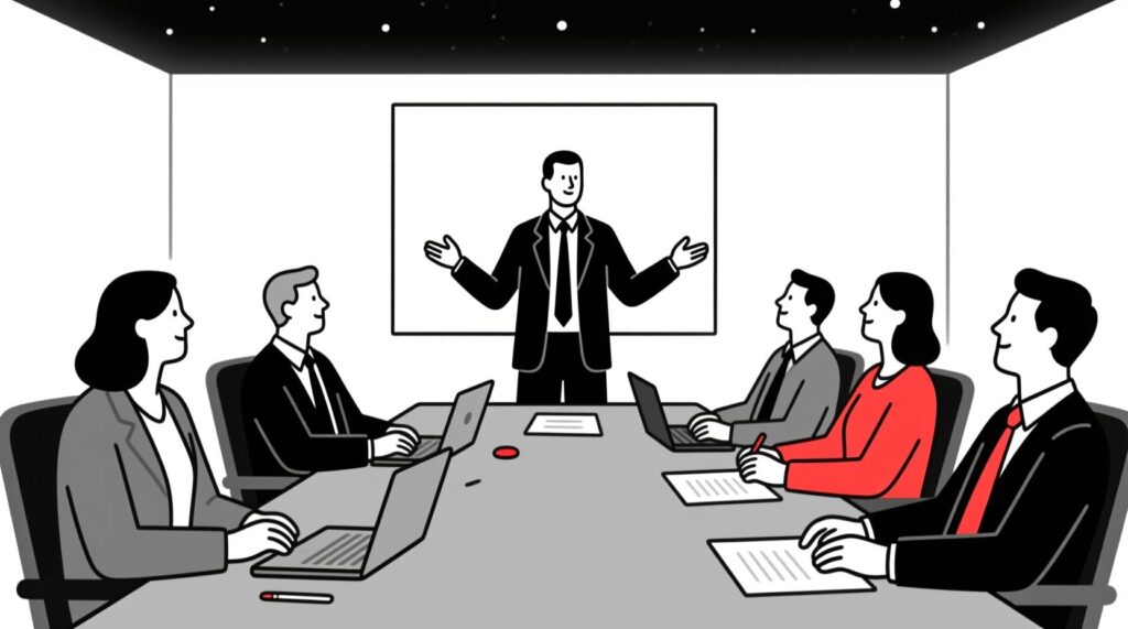 Canadian AI Guy illustration of a nonprofit leader guiding a strategic boardroom discussion, showing the shift from administrator to leader.