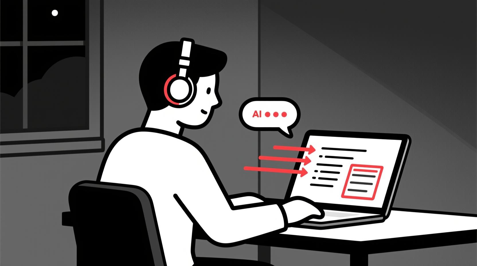 Flat line illustration of AI transcription turning audio into organized notes.