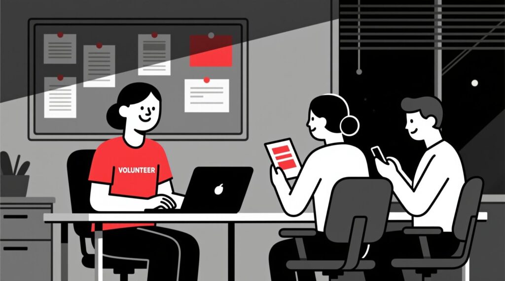 Canadian AI Guy illustration of a coordinator using AI to create a volunteer recruitment post, with volunteers showing interest during an in-person meeting.