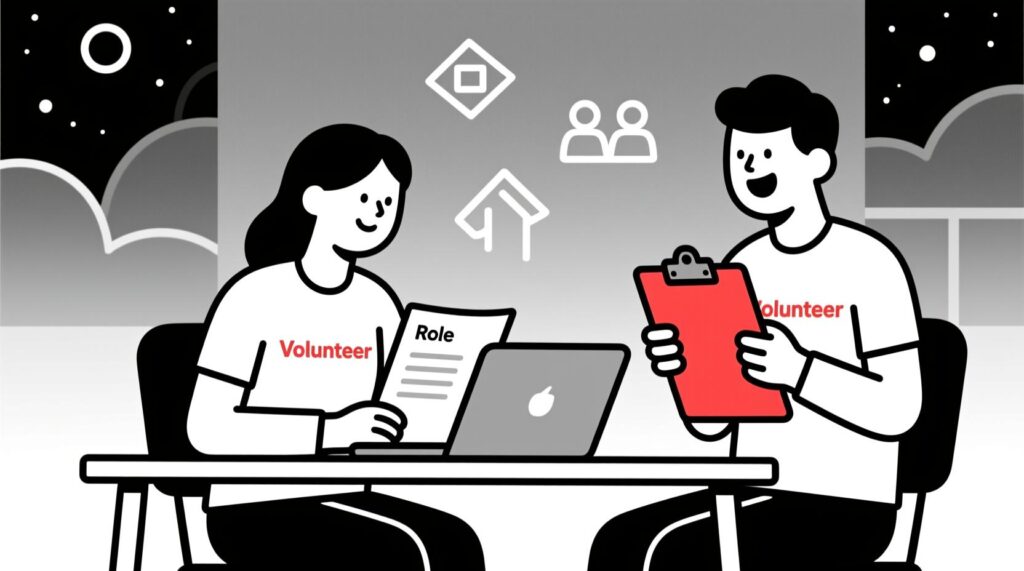 Canadian AI Guy illustration of a coordinator using AI to design meaningful volunteer roles, showing how roles connect to purpose and impact.