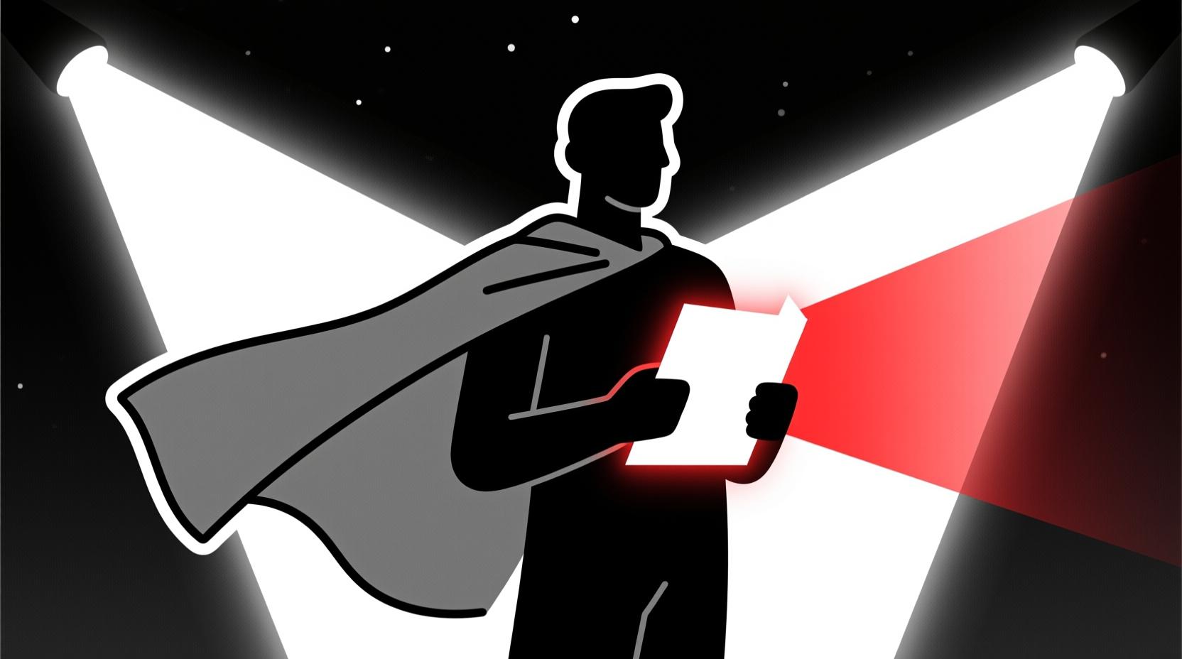 Flat line illustration of a person with a cape holding a glowing document, symbolizing being a hero for members by creating compelling AI-powered spotlights.