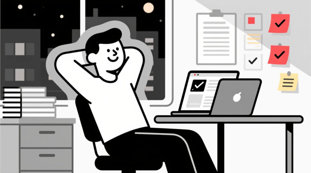 Confident small business owner reviewing polished AI-generated content, symbolizing being in control of the process.