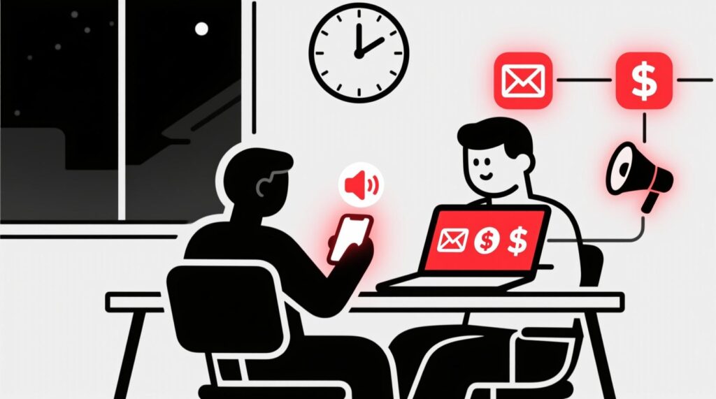 Canadian AI Guy illustration of a business owner using AI to finish tasks in 15 minutes and clock out at the end of the day