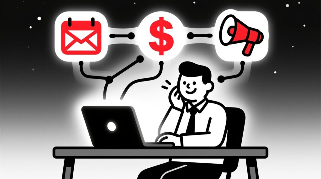 Canadian AI Guy illustration of AI prompts helping a business owner handle email, finances, and marketing tasks
