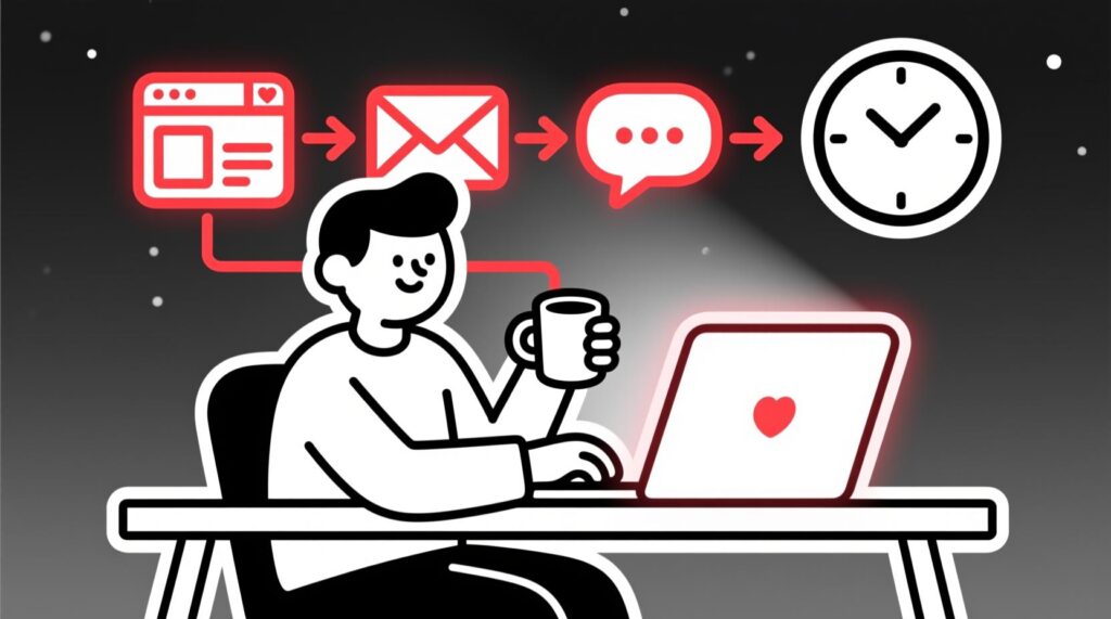 Canadian AI Guy illustration of a business owner starting a focused afternoon with AI to create website, email, and social content