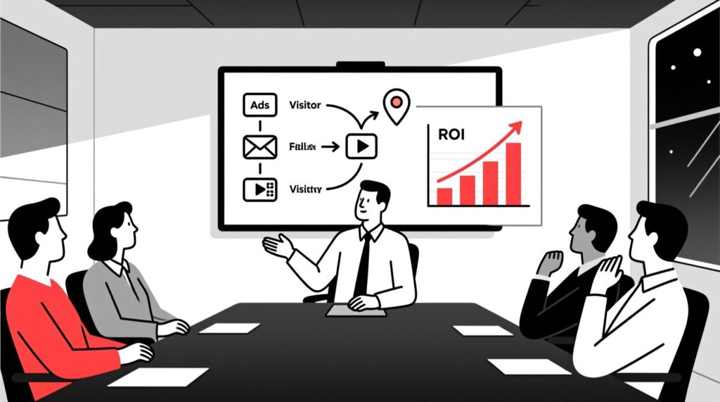 Canadian AI Guy illustration of a marketing professional presenting AI-powered visitor journey data to prove ROI