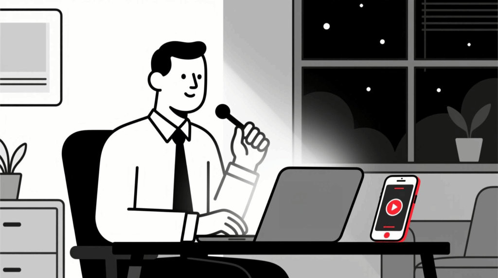 Canadian AI Guy illustration of a board chair rehearsing a speech with AI feedback on audio and video delivery