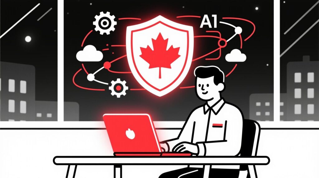 Canadian AI Guy illustration of a small business owner using AI securely with data protection safeguards