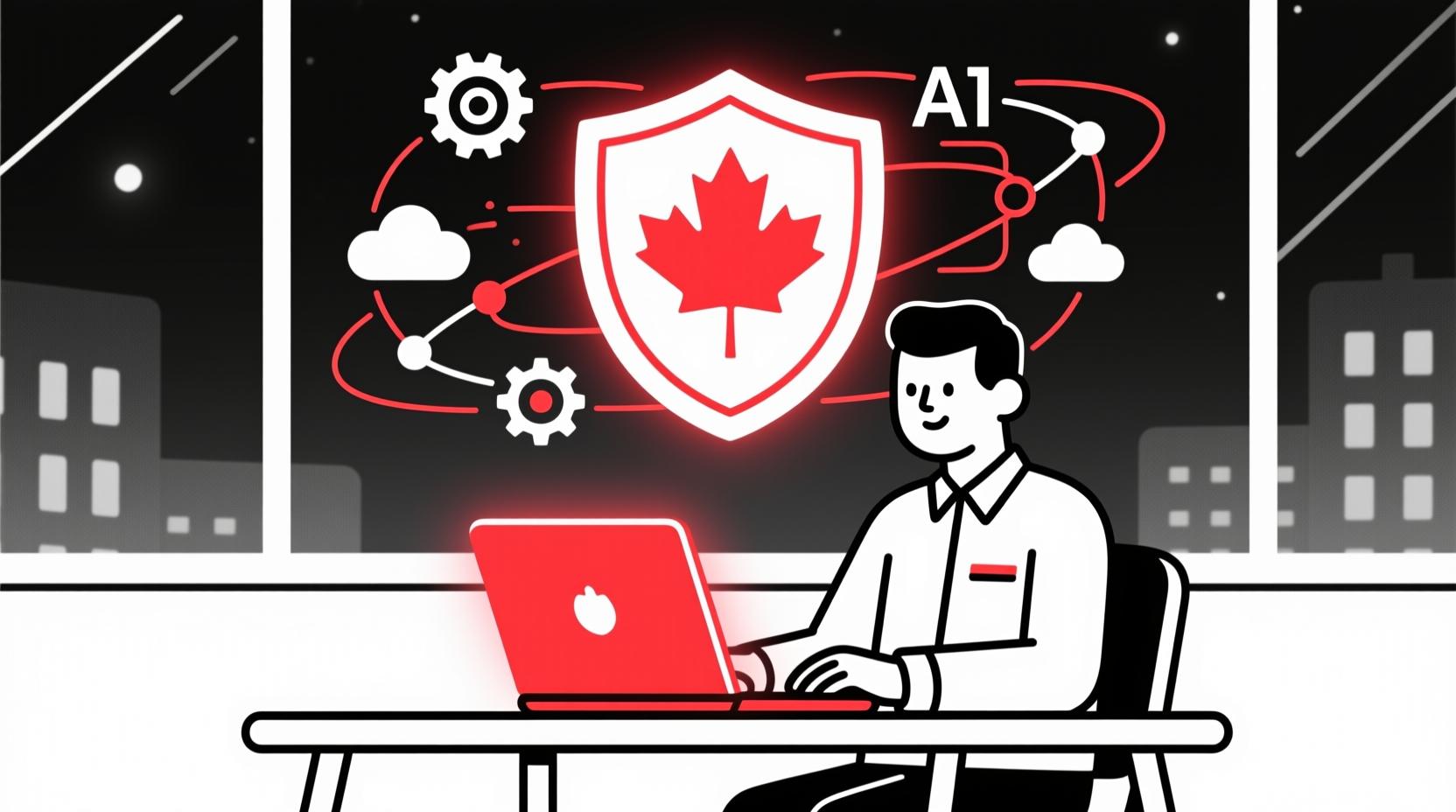 Canadian AI Guy illustration of a small business owner using AI securely with data protection safeguards