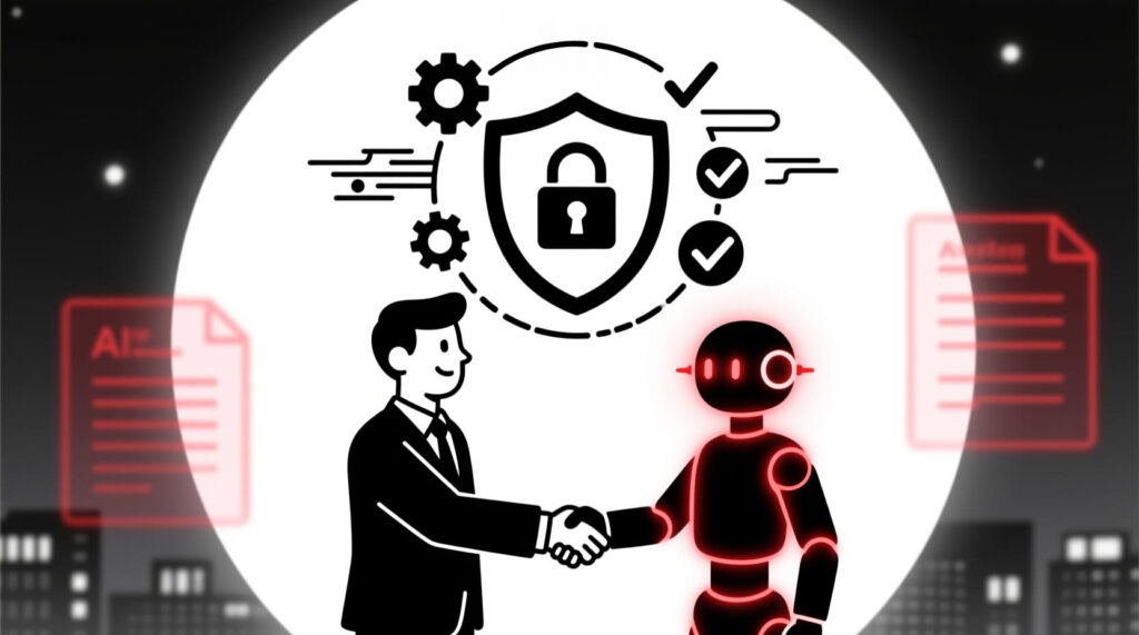 Canadian AI Guy illustration of a business owner confidently partnering with AI under strong data security safeguards