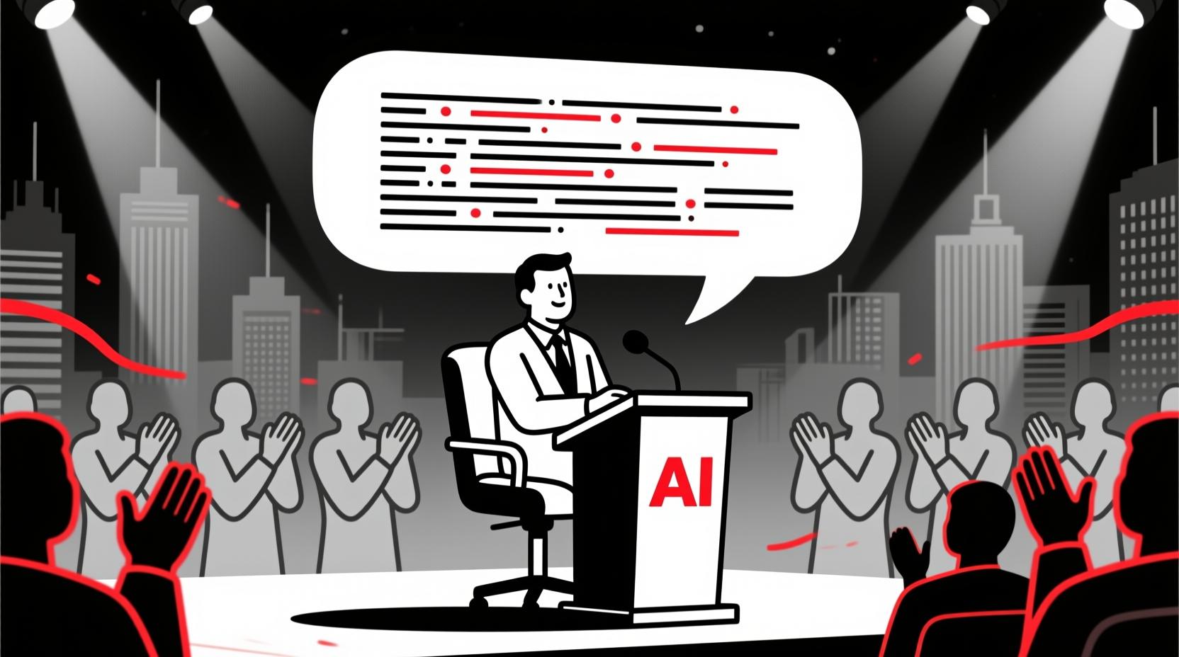 Canadian AI Guy illustration of a board chair delivering an AI-powered AGM speech to an applauding audience