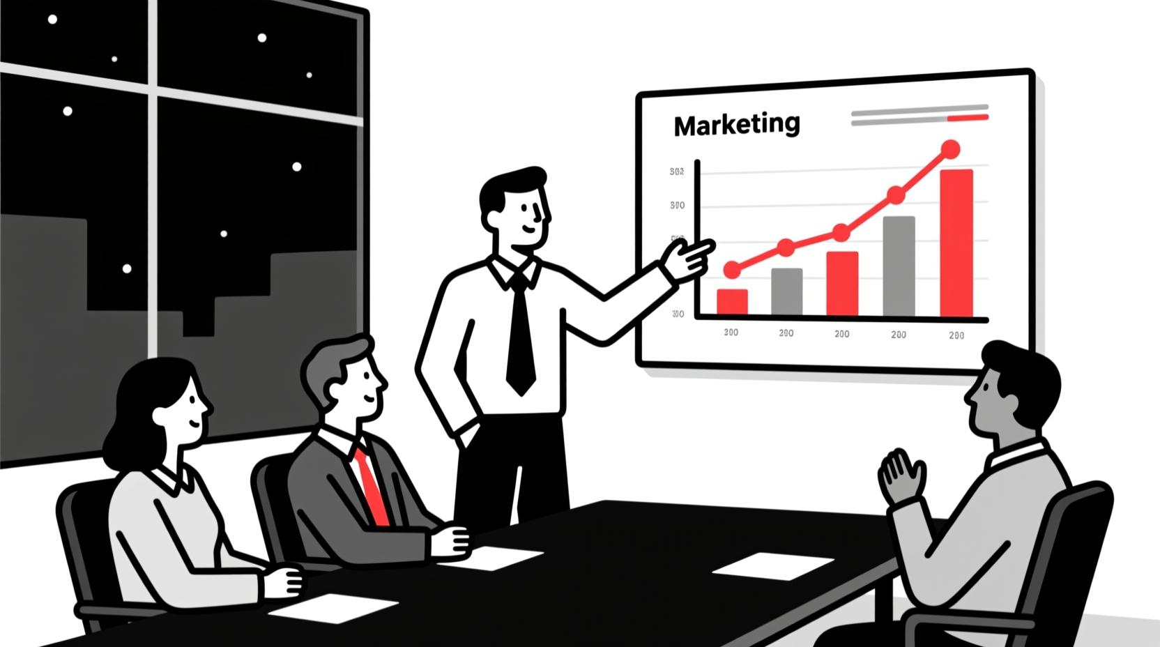 Canadian AI Guy illustration of a marketing leader presenting an AI-powered, data-backed budget proposal to a board