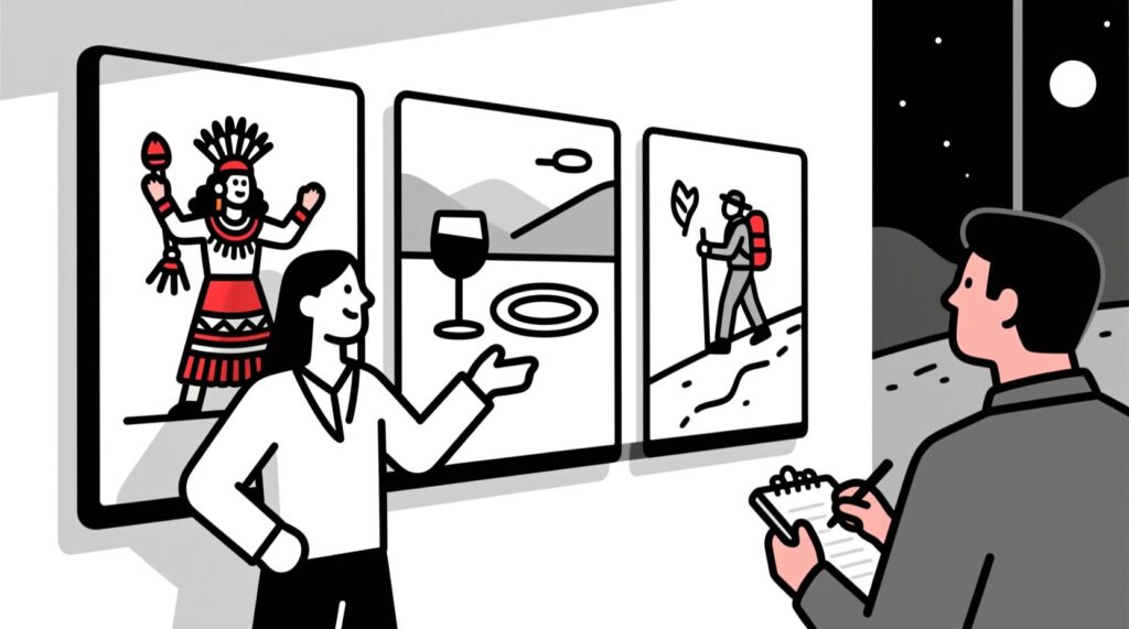 Canadian AI Guy illustration of a marketer reviewing AI-identified Canadian tourism trends in culture, food, and sustainability