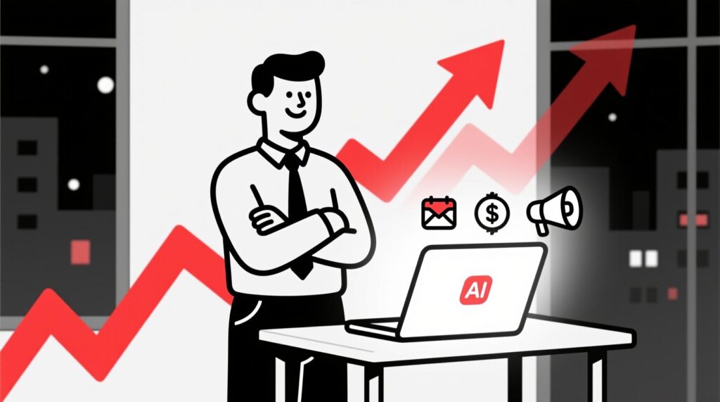 Canadian AI Guy illustration of a small business owner elevated by AI automation to focus on leadership and growth