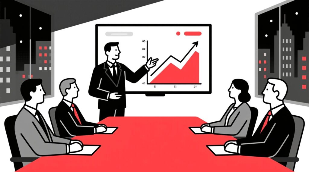 Canadian AI Guy illustration of a leader presenting visitor data to a board, acting as the Chief Visitor Advocate