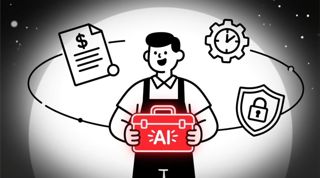 Canadian AI Guy illustration of a small business owner holding a complete AI operations toolkit with icons for quotes, admin, and security