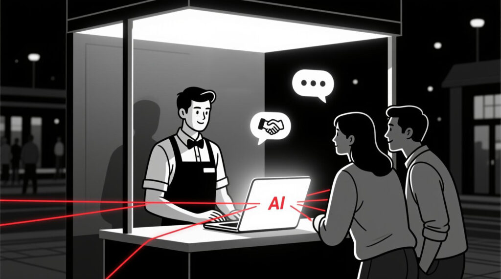 Canadian AI Guy illustration of attendees using an AI-powered Connection Concierge booth for personalized networking support