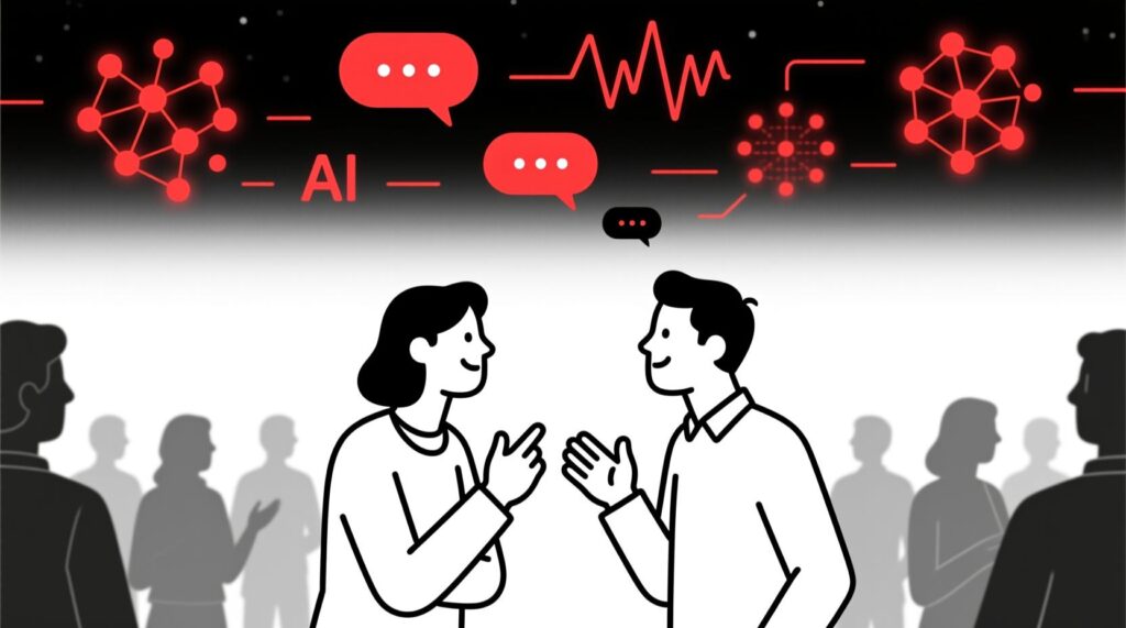 Canadian AI Guy illustration of AI analyzing post-event conversations to measure the quality of engagement