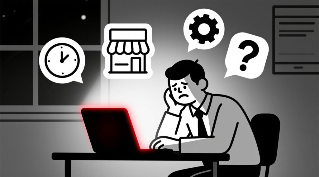 Canadian AI Guy illustration of a business owner frustrated by wasted time, weak copy, and knowledge barriers in marketing